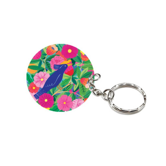 Porte-clés en bois | Oiseau et fleurs