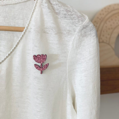 Pin's feutrine pailletée | Fleur rose